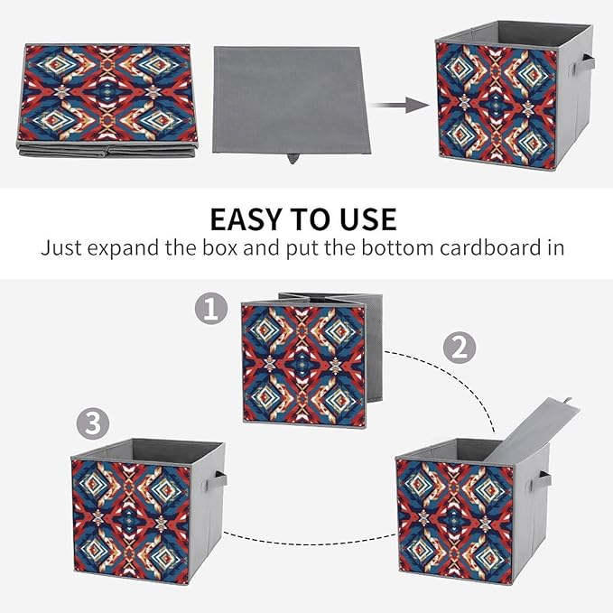 Collapsible Cube Storage Organizer with Handles Aztec Red Blue Foldable Fabric Bin for Shelves Perfect for Closet Bathroom Kids' Room &amp Nursery