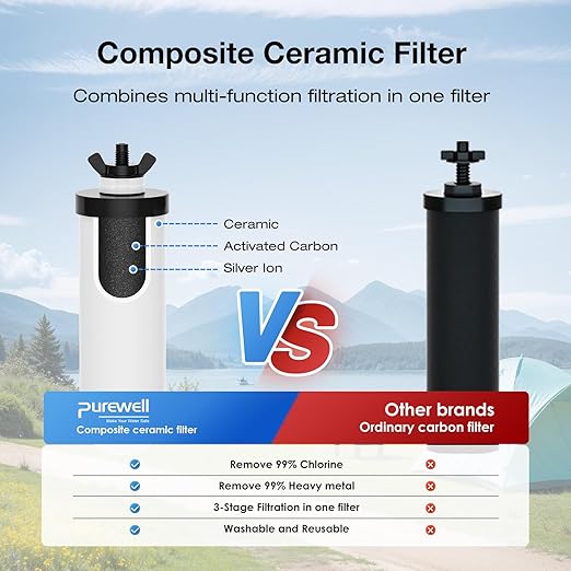 Purewell 8-Stage Gravity Fed Water Filter System 2.25 Gallon Stainless Steel Countertop System with 4 Filters Metal Water Level Spigot and Stand Reduce Fluoride and Chlorine PW-OBT-CF