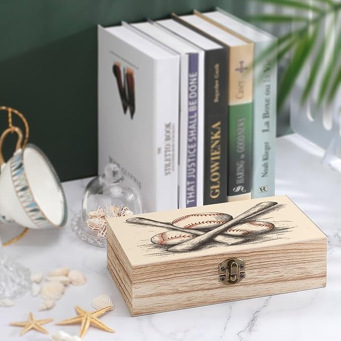 Decorative Wooden Storage Box with LidsBaseball Bats And Ball Print Wooden BoxWooden Gift Boxes for KeepsakeJewelry And Home Decoration