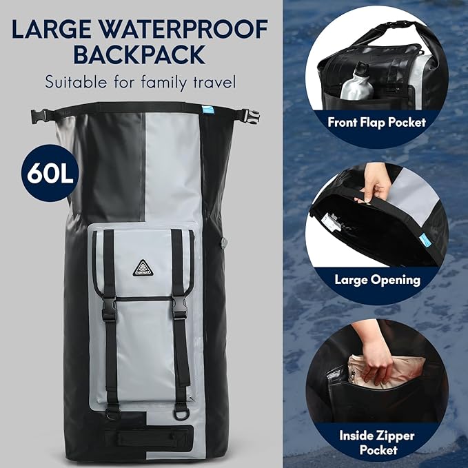 Haimont Waterproof Backpack Roll Top Dry Bag Kayak Dry Backpack IPX7 for Outdoor Dry Pack Boating Fishing 60L Black/Gray