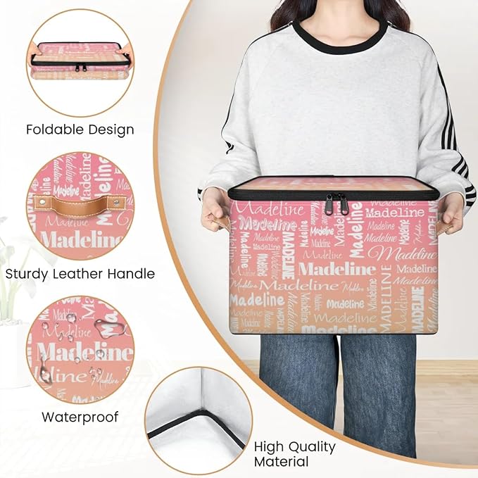 Custom Storage Basket with Name Personalized Keepsake Box with Zipper Lid Foldable Fabric Memory Bin Large capacity with Handle Pink Apricot