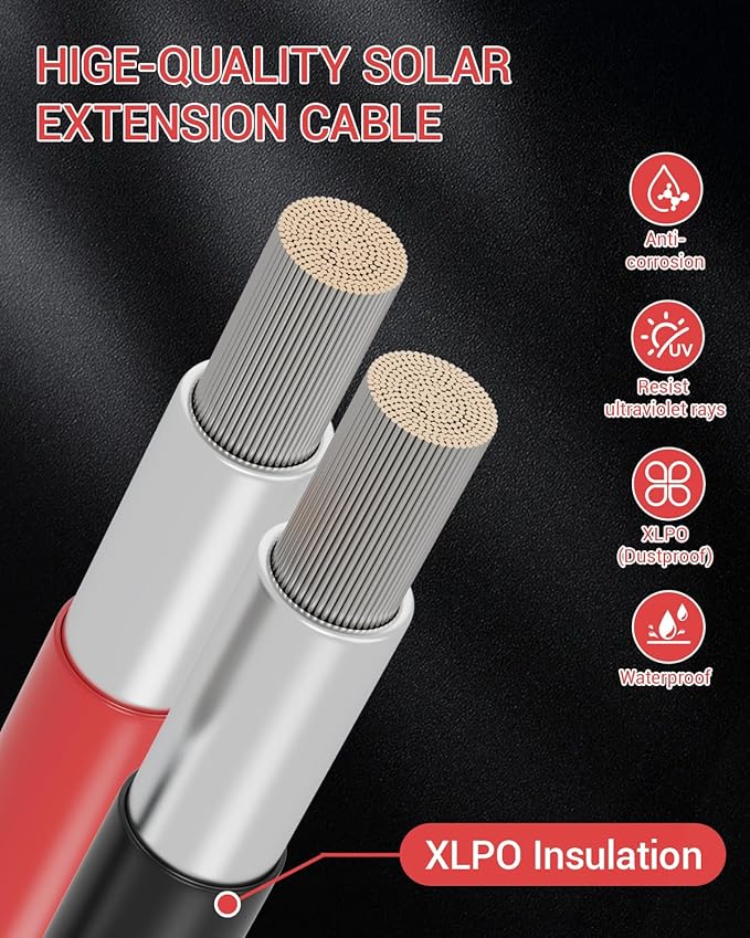 10AWG Solar Extension Cable 50FT Solar Panel Wire 10 Gauge Tinned Copper PV Wire with Waterproof Female and Male Connector for Home Marine RV Solar Photovoltaic Systems