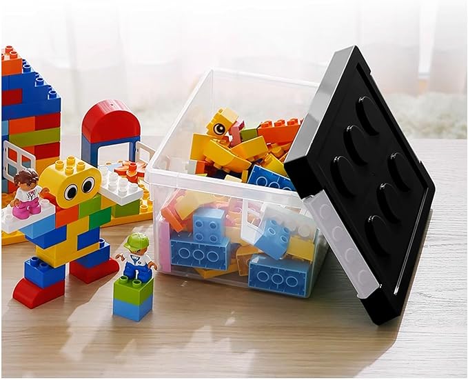 loobuu Plastic Storage Bins with Lids - Stackable Toy Storage Organizer Box Set of 2 Toy Chests with Compatible Building Baseplate and Lid Storage Container for Building Bricks &amp Toys- Black