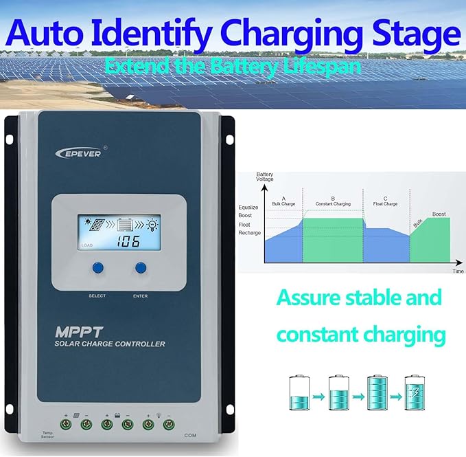 EPEVER 40A 12/24V Auto Identify MPPT Solar Charge Controller with Remote Control of LCD Display Adjustable Parameters and Temperature Sensor Support Lithium (Tracer 4210AN MT50 Sensor)