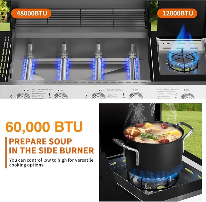 SKOK Led 4-Burner Gas BBQ Grill with Side Burner Led Knob Barbecue Grill with Porcelain-Enameled Cast Iron Grates 60000 BTU Stainless Steel Propane Grill 629 Sq. In. Grilling Area