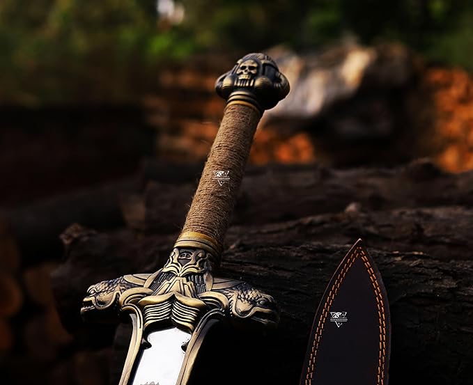 Conan The Barbarian Sword – Real Full Tang Atlantean Swords | 5160 Carbon Steel Brass Fittings &amp Leather Sheath | Medieval Fantasy King Sword Prop | Gift for Him Christmas Viking Gift for Him