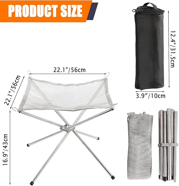 22 inch Portable Outdoor Fire Pit for Camping Upgrade Foldable Stainless Steel Mesh Fire Pits for Outside Wood Burning Collapsible Fireplace for PatioCampingBonfireBackyardGardenBBQ