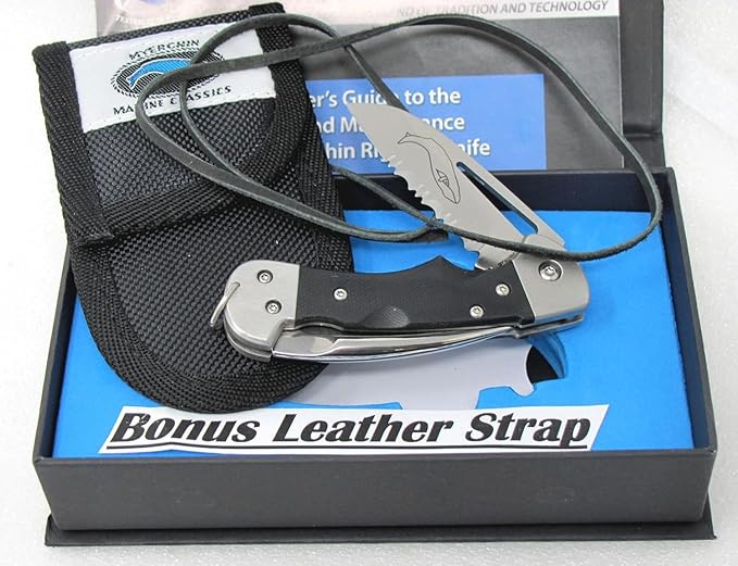 Myerchin BF377P Gen 2 Crew Pro Rigging Knife - Black G10 Handle - Crew Bundle with Outdoor Merchants Safety Leather Lanyard - Compact 3/4 Serrated Sailing Tool