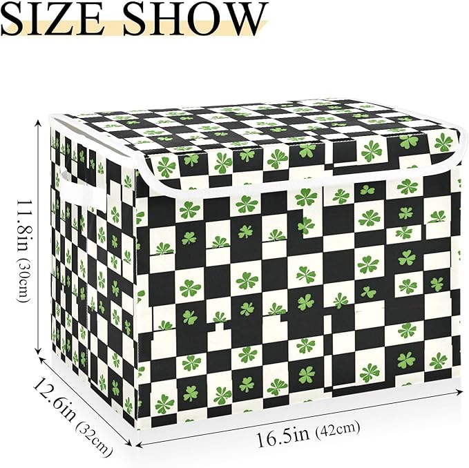 Clover Checkered Pattern Fabric Storage Bins with Lids and HandleFoldable Storage Bins with LidsCloset Organizers for Clothes Storage Room Organization Office Storage Chest Organizer
