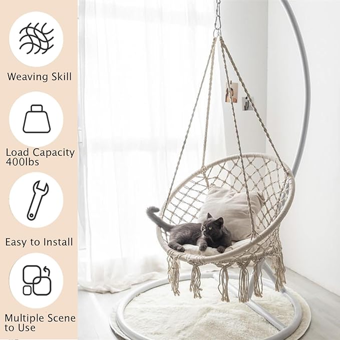 Hanging Swinging Chair Macrame Hammock Hanging Swinging Chairs with Soft Cushions and Hardware Accessories Hanging Chair for Indoor and Outdoor Use 3 Installation Methods Beige (1 Beige)