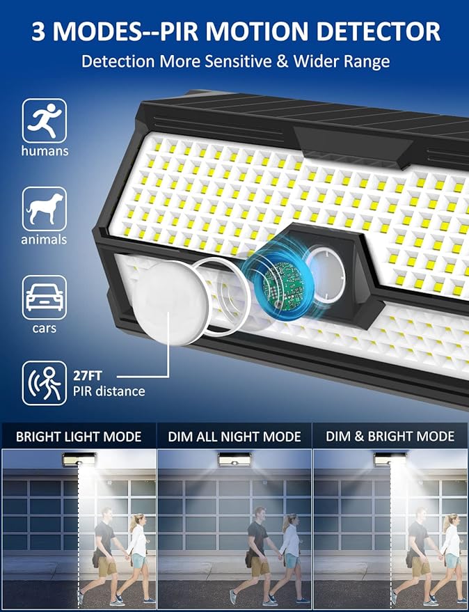 Solar Outdoor Lights - 4000Lm 268 LED Motion Sensor Lights Outdoor IP65 Waterproof Led Security Lights Bright Solar Wireless Flood Wall Lights with 3 Optional Modes and 4 Wide Angle (2 Pack)