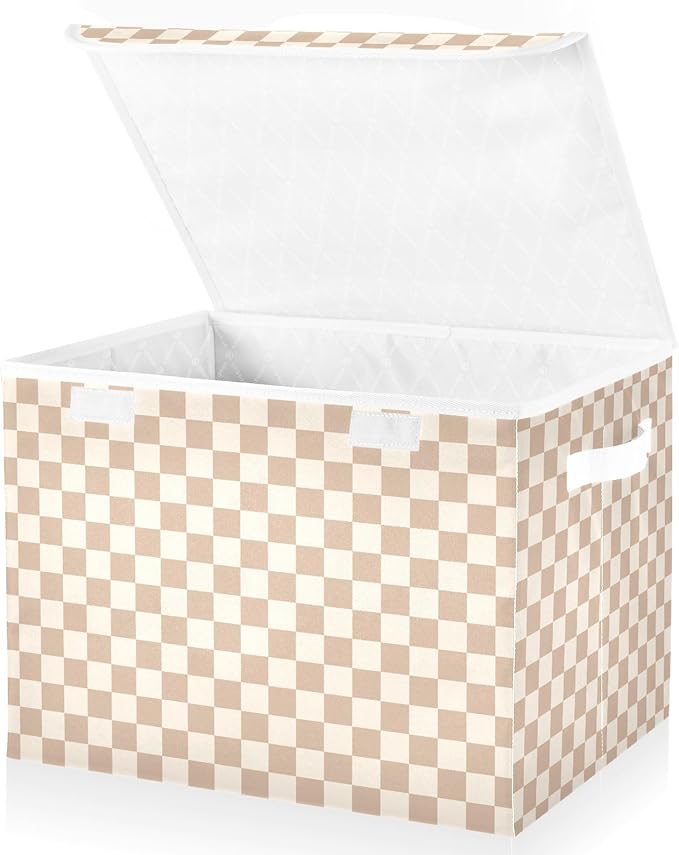 Brown Checkerboard Storage Baskets Lidded Bin Foldable Storage Boxes Cubes Lids with 2 Handles for Organizing Closet Home Office