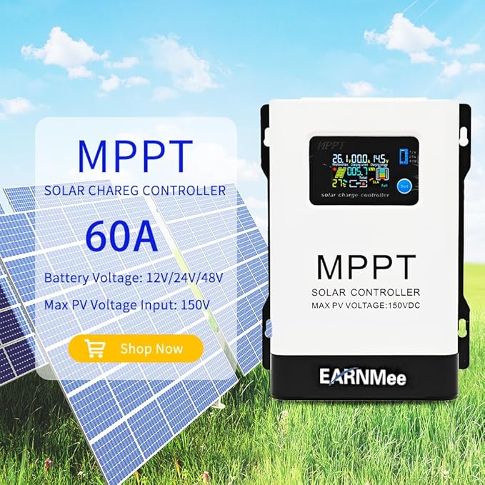 60A MPPT Solar Charge Controller 18-150VDC PV Input 12V/24V/48V Adjustable Output(Manual) Ideal for RV Large Solar Systems Compatible with Mono/Poly Panels &amp Lead-Acid/Lithium Batteries