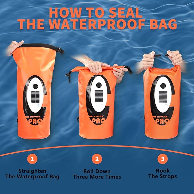 FELICON Solar/Battery Powered Multi-Functional Backpack with Bluetooth SpeakerIP66 Waterproof Dry BagHeavy Duty Roll Top ClosureLarge Capacity Bag for CampingHikingTraveling (Orange 10L)