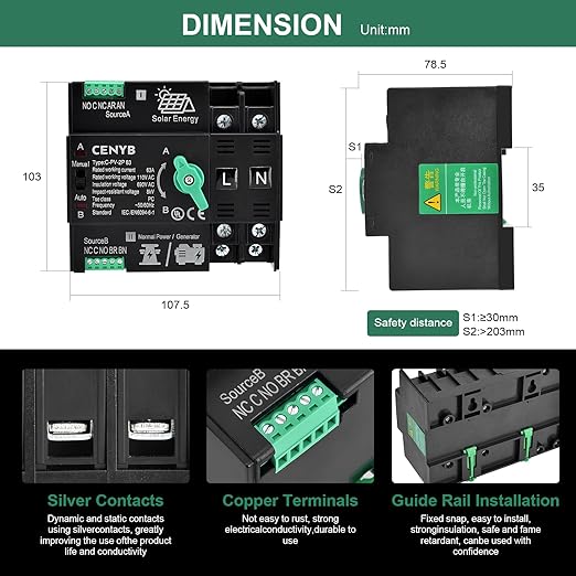 Automatic/Manual Transfer Switch for Home Generator 2P 63A AC110V Uninterrupted Power Supply DIN Rail Mount Toggle Changeover Module