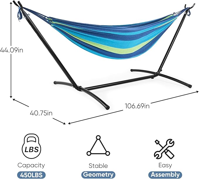DUMOS Double Hammock with Space Saving Stand Heavy Duty Steel Frame Portable for Outside &amp Indoor Use 450lbs Capacity Easy Assembly Carrying Bag Included Blue