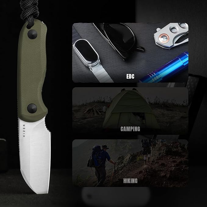 Kizer Drop Bear Fixed Blade Knife 2.6 AEB-L Satin Blade EDC Camping Knife with Olive Green G10 Handle &amp Hidden Tools Outdoor Full Tang Hunting Survival Knives with Adjustable Kydex Sheath 1093A