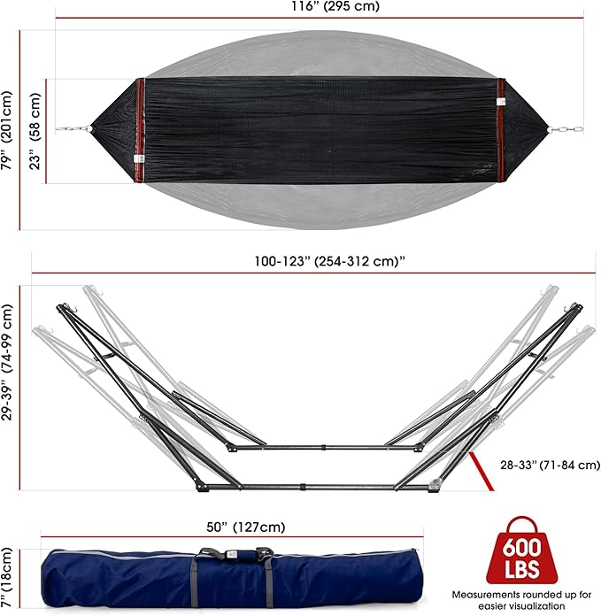 Tranquillo 600 lbs Capacity Adjustable Hammock Stand Collapsible Camping Hammock and Stand Steel Double Hammock Stand for 2 Persons Portable Everywhere Easy Assembly Non-Slip and Noise-Free Black
