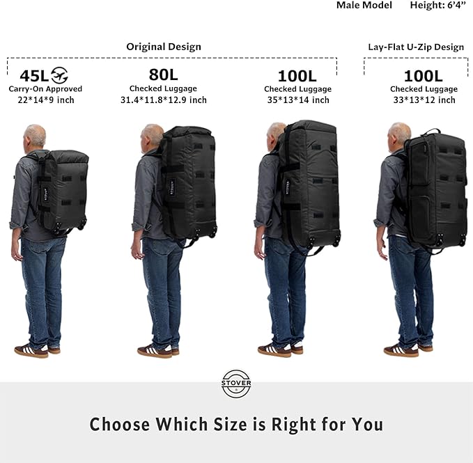 STOVER 45/80/100L Rolling Duffel Bag with Wheels X-Large Durable Travel Duffle + Toiletry Bag Heavy Duty Packable with Shoulder Straps- Use as Luggage or Backpack Men/Women (Black)