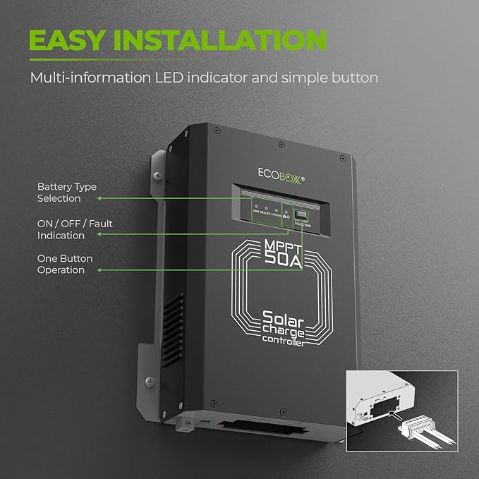 50 Amp MPPT Solar Charge Controller 12/24V Auto Detection Commercial Grade Multi-Charging Modes with Reverse Polarity Protection for Home and RV Use