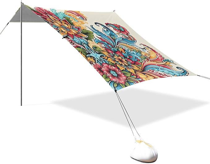 Traditional Floral Waves Beach Tent Sun Shelter Set UPF50+ UV Protection 10.5 x 9.19 FT Camping Shade Canopy with Sandbags Sand Anchors Carrying Bag and Others