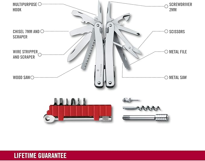 Victorinox Swiss Tool Spirit X Plus Ratchet Swiss Army Knife 36 Function Swiss Made Multi-Tool with Needle-nose Pliers and Leather Pouch - Silver