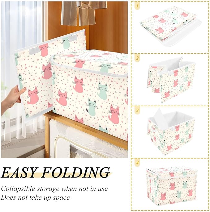 Storage Cube with Lid Cute Cat Print 16.5×12.6×11.8 IN 1 Pack Collapsible Large Capacity Foldable Storage Basket Bin Organizer