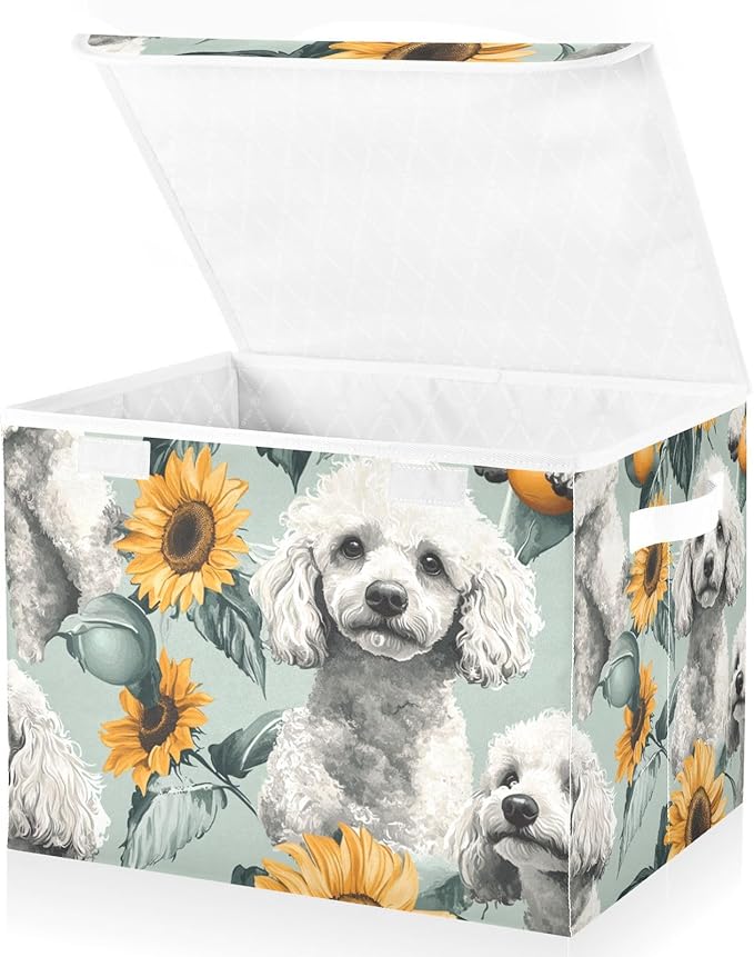 Collapsible Storage Bins with Lids Decorative Fabric Storage Cubes Closet Organizer and Storage Basket Boxes Containers for Clothes Box Chest Nursery Folding Rectangle White Poodle Sunflower