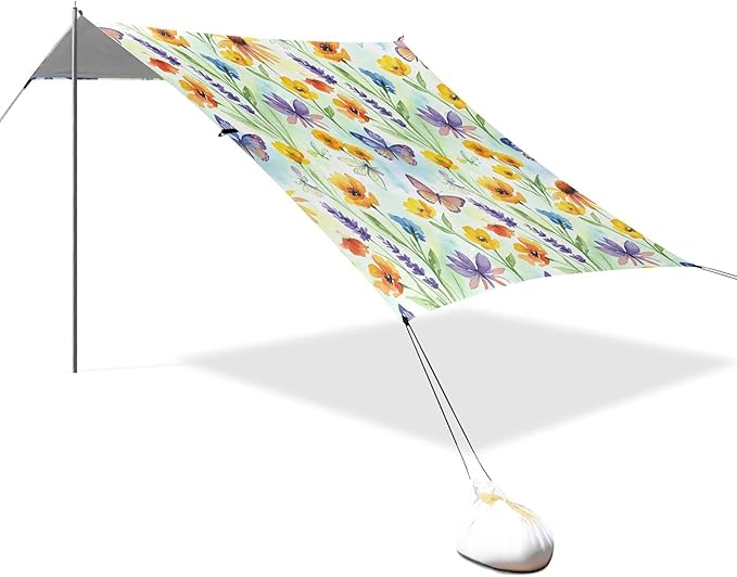 Wildflowers Beach Canopy Sun Shelter with Sandbags &amp Sand Shovel &amp Windproof Ropes - Portable 110x126 Beach Shade Beach Tent for Camping Picnics