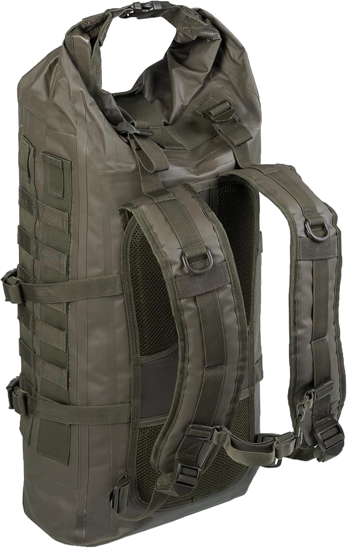 Mil-Tec Unisex 30L Tactical Seals Dry Bag - Secure Rugged Durable Waterproof Outdoor Kayaking Boating Camping Hiking MOLLE Backpack with Adjustable Wide Shoulder Straps &amp Padded Back Olive Drab