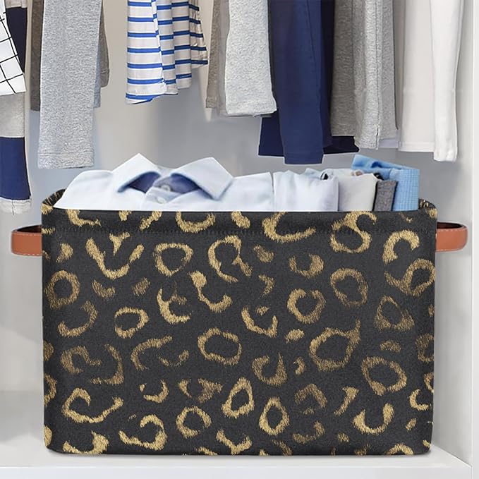 Pardick Black Gold Leopard Basket Storage Bins Large Fabric Toys Storage Cube Box with Handles Collapsible Closet Shelf Cloth Organizer Basket for Nursery Bedroom Bathroom Holiday Gift