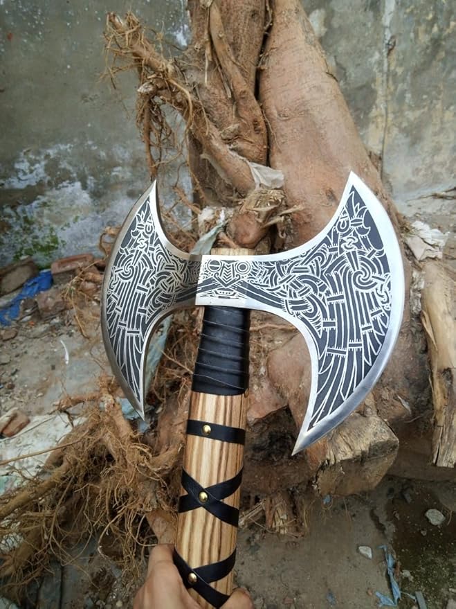 Hand-Forged Double Headed Viking Axe – 27 Odin's Carbon Steel Battle Hatchet with Leather Wrapped Wood Handle – Norse Style Throwing Axe for Camping Collecting Survival Gear or Gifts.