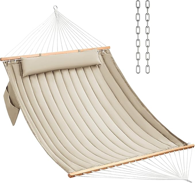 CHULIM Double Quilted Fabric Hammock with Hardwood Spreader Bars and Pillow 450 LBS Capacity 2 Person Large Hammock for Outdoor Patio Backyard Poolside - Tan