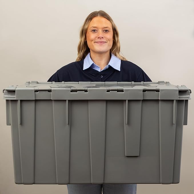Buckhorn Industrial Lidded Plastic Storage Container Nesting and Stackable Plastic Storage Box with Lid Attached Organization Tote for Transport and Warehouse 27 Gallon Capacity 28x21x15 Gray
