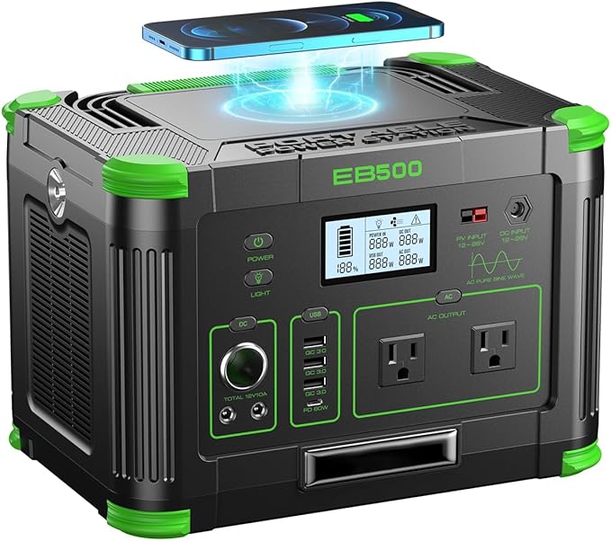 500W Portable Power Station 512Wh Solar Generator with 60W USB-C PD Output Built-in BMS 110V Pure Sine Wave AC Outlet Backup Lithium Battery for Outdoors Camping Travel Emergency (Peak 1000W)