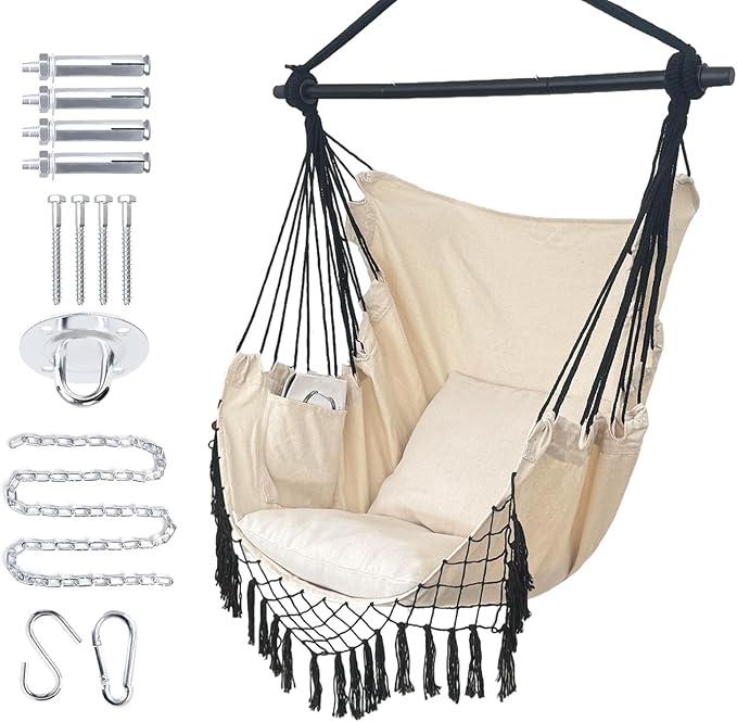 Hammock Chair Hanging Rope Swing ChairMax 450 Lbs Large Hanging Chair with Pocket 2 Cushions Removable Steel Bar Hardware Kit Included Sturdy and Comfortable for Indoor Outdoor (Beige)