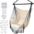 Hammock Chair Hanging Rope Swing ChairMax 450 Lbs Large Hanging Chair with Pocket 2 Cushions Removable Steel Bar Hardware Kit Included Sturdy and Comfortable for Indoor Outdoor (Beige)