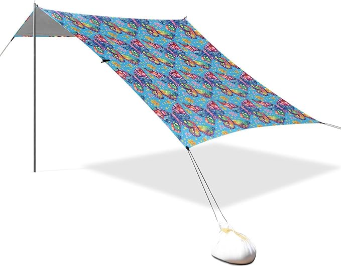 ALAZA Rainbow Butterfly Beach Tent Sun Shelter UPF50+ Protection Beach Shade Canopy w/ 4 Sandbags for Outdoor Camping Fishing Backyard Fun Picnic 10x9 ft