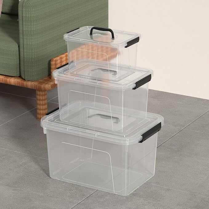 6 L Lidded Storage Bins Clear Plastic Box with Handle 4 Pack