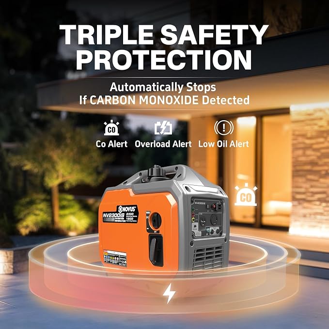 NOVUS 2300W Inverter Generator Portable Gas Generator for Camping Home and RV Super Quiet and Lightweight RV Ready with 30A Outlet CO Sensor Parallel Ready ECO Model Feature EPA Compliant