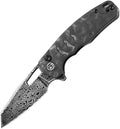 Petrified fish PFE17 Trilobite Folding Knife3.03 Damascus Black Stonewashed Blade Carbon Fiber Handle Camping Folding knife for EDC Outdoor (Black Damascus)