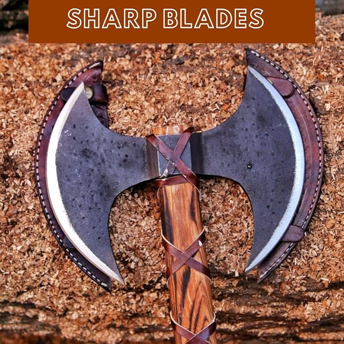 QC® Double Headed Carbon Steel Viking Bearded Axe with Wooden Handle - Scandinavian Style Axe Norse Axe Seax (DHA2)