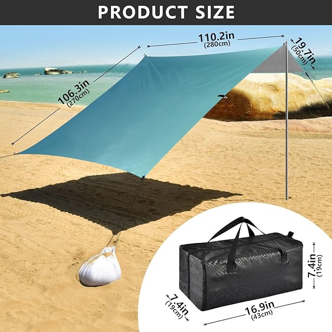 Green Gradient Beach Canopy UPF50+ Easy Setup Sun Shelter with Sandbags and Shovel for Family Trips Picnics &amp Camping