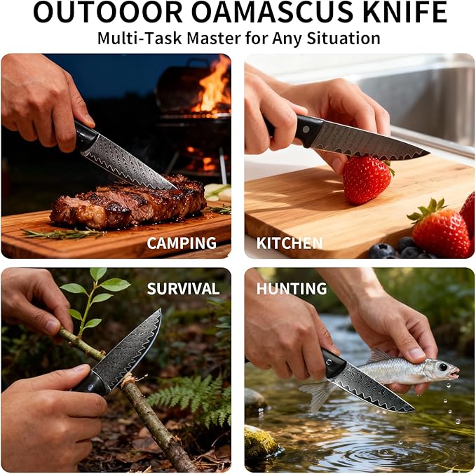 SODEN Damascus Camping Knife VG-10 Core Full Tang Fixed Blade for Survival &amp Outdoor Hunting | Ergonomic Rosewood Handle | Premium Knife Tool