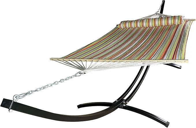 15 Ft. Indoor/Outdoor Heavy Duty Black Steel Arc Hammock Stand w/Premium Quilted Hammock Bed. (Spring Stripe)