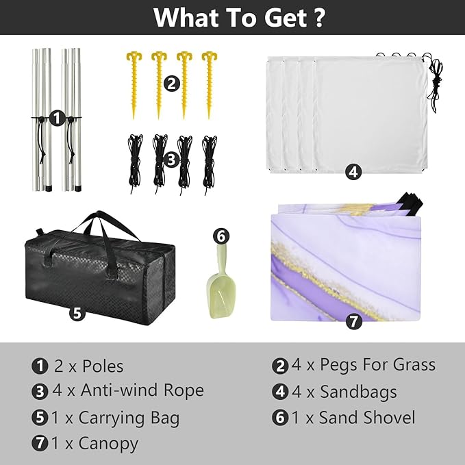 Beach Canopy with Windproof Ropes &amp Sandbags Beach Tent Sun Shade Sun Shelter for Camping Trips Fishing Backyard Fun or Picnics Purple Texture