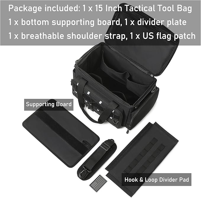 15-Inch Tool Bag Multi-purpose Tool Organizer Bag For Men with Shoulder Strap Tactical Range Bag Work Tote for Repairman Carpenters Handymen (Black)