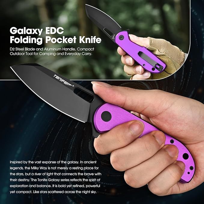 TONIFE Galaxy EDC Folding Pocket Knife with D2 Steel Blade and Aluminum Handle Compact Outdoor Tool for Camping and Everyday Carry (Purple)