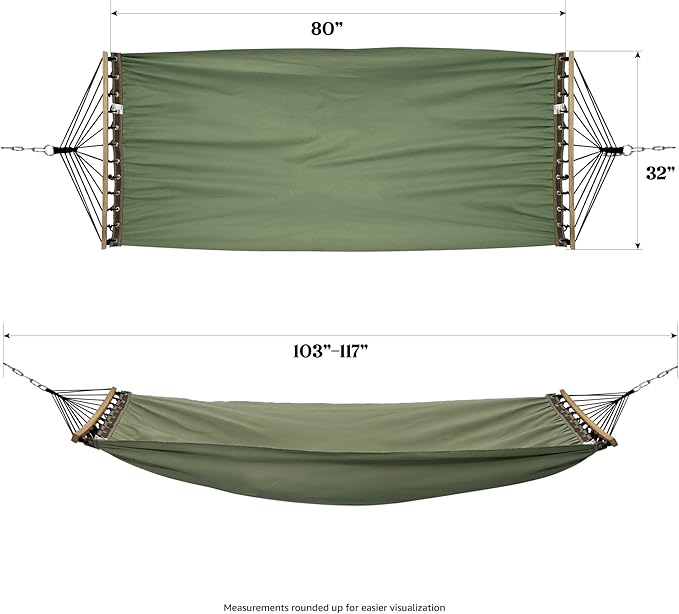 Tranquillo Double Hammock 2 Persons Cotton Canvas 600 lbs Portable Camping Hammock with Solid Curved Wood Spreader Bar Hammock for Camping Travel Indoor Patio Garden Sage