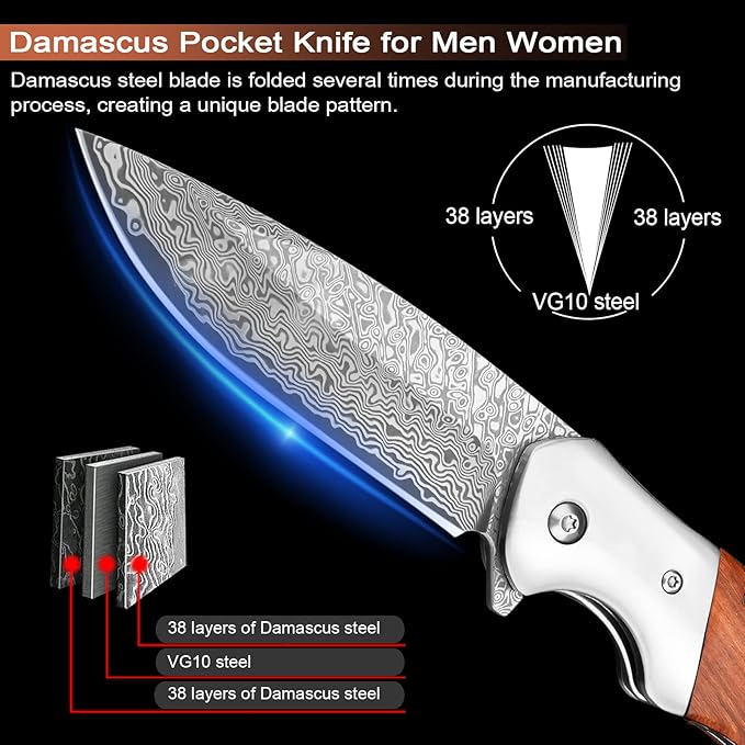 KOMWERO Damascus Pocket Knife Sharp Damascus Steel Knife with Core VG10 Steel Blade Wood Handle Folding Knife with Clip for Men Hunting 60 HRC